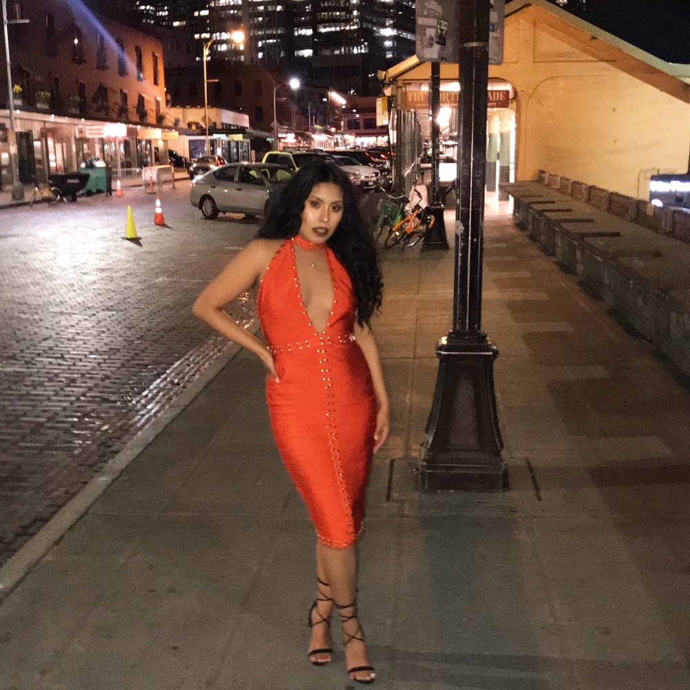 Orange studded body con dress